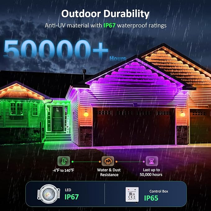 IVRICH 16FT Permanent Outdoor Lights, Smart RGB Eave Light with Color Changing, APP/Remote Control, IP67 Waterproof, Music Sync, Timer Function, for Halloween, Christmas, Party, Holiday Decor