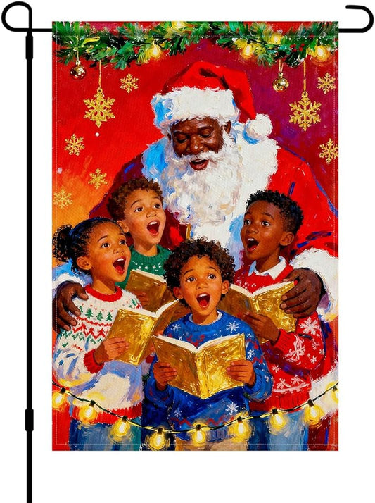 Merry Christmas African American Black Santa Garden Flag 12x18 Inch Double Sided Santa with Children Choir Red Snowflake Holiday Flags Outdoor Winter Yard Banner Welcome Flag Decor