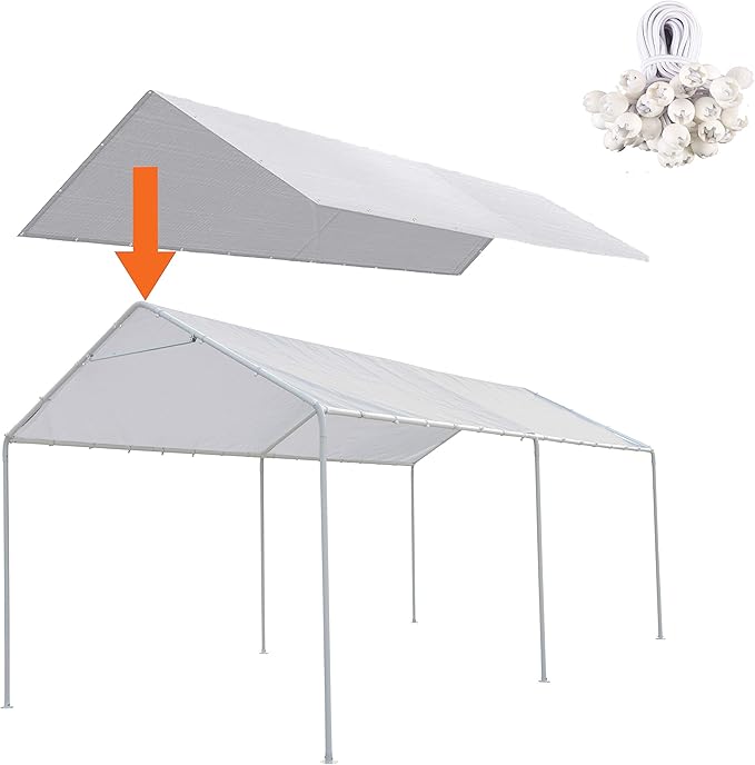 10 x 20 Ft Carport Replacement Canopy Cover Garage Top Tent Shelter Tarp with Free 44 Ball Bungee Cords,White(Only Cover, Frame Not Include) (10x20 White)