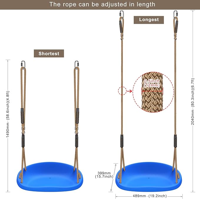 SELEWARE Heavy Duty Swing Seat for Adults Kids Tree Swing with Weather Proof Ropes Swing Set Accessories for Backyard Patio Garden Playground, Height Adjustable Blue of 2