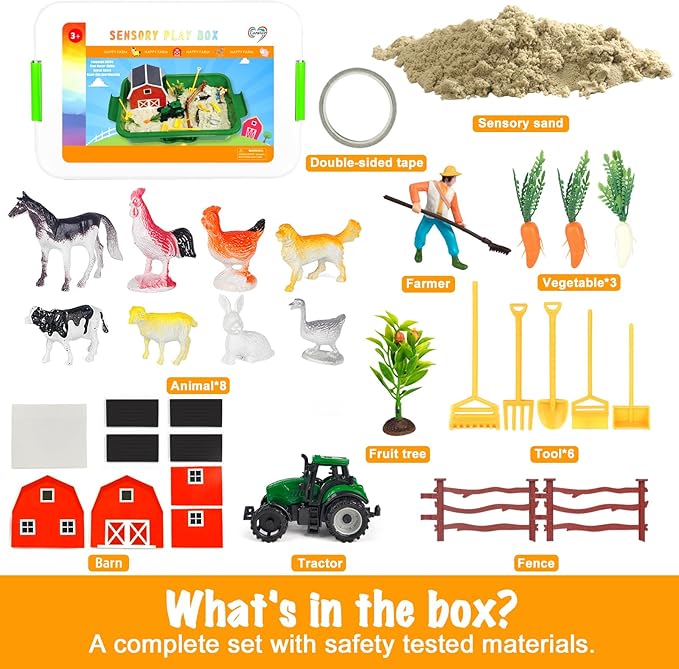 Farm Sensory Bin£¬Farm Animals Sand Kit with Sensory Sand£¬Barn Sandbox with Tractor£¬Sensory Play Sand Set for Kids 3 4 5 6 7