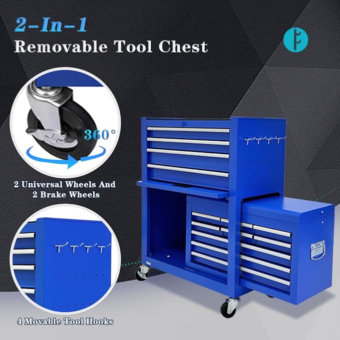 13-Drawer Rolling Tool Chest with Wheels,2 in 1 Detachable Rolling Tool box with Drawers,Large ToolBox with Lock,Mobile Steel Tool Cabinet Storage for Warehouse,Garage-Blue