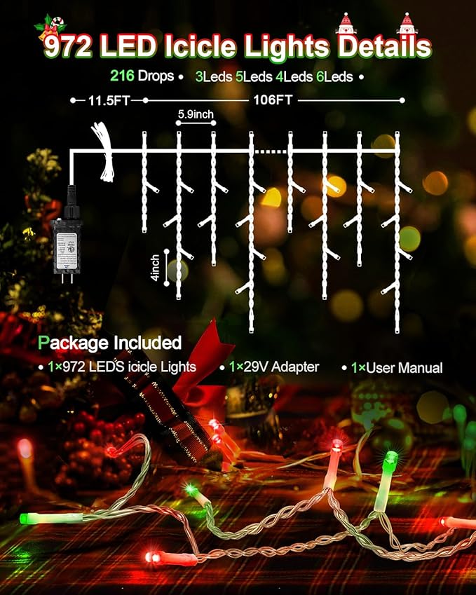 106 FT Christmas Lights Outdoor, 972 LED Waterproof Outside Christmas Lights Plug in, Connectable 8 Modes Hanging Fairy Lights with 216 Drops for House Eaves Yard Patio Decoration, Red and Green