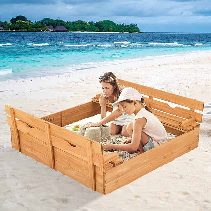 Costzon Kids Sandbox with Lid, 47 x 47in Sand Pit w/ 2 Convertible Bench Seats & Protective Bottom Liner, Cedar Wood Outdoor Sand Box for Backyard Home Lawn Garden Beach (with Backrest)