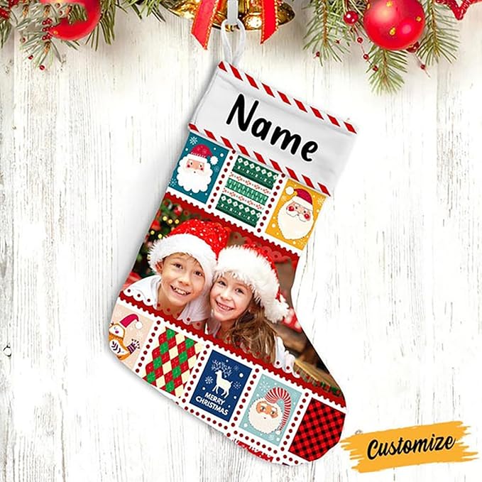 LOVELYPOD Christmas Stockings Personalized with Name, 19" Christmas Stocking Kid Photo Christmas Stocking 2023, Xmas Stocking Holiday Christmas Decoration Gifts for Family Kids