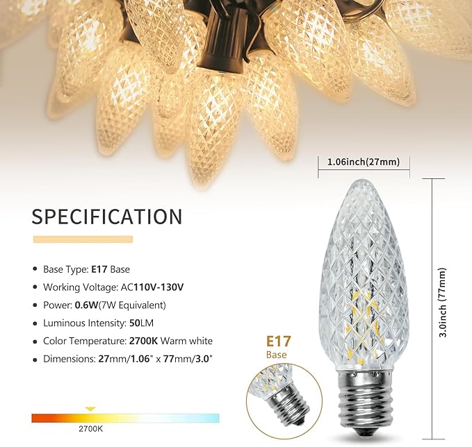 50PACK C9 Christmas Lights LED Replacement Bulbs，Shatterproof & Waterproof Plastic C9 Led Bulbs for Outdoor String Lights, E17 Base, 0.6W Equivalent to 7W, Warm White 2700K, 50LM Holiday Decoration