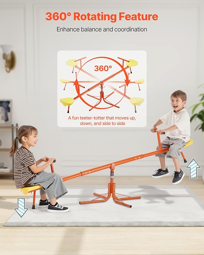 VEVOR Seesaw Teeter Totter for Kids Outdoor, 100 lbs Load Capacity per Seat, Sit and Spin Teeter Totter with 4-Prong Support Legs, Playground Equipment with Swiveling 360 Degrees Rotating for Aged 3+
