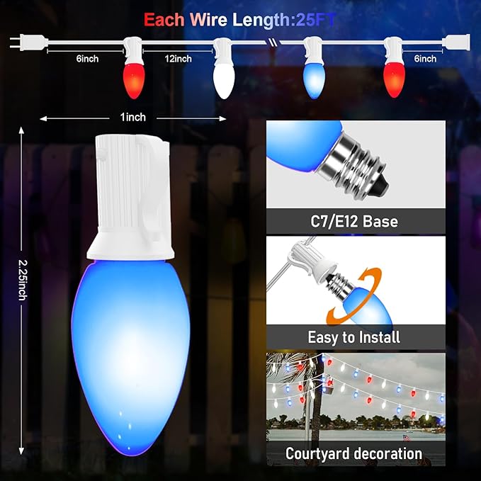 Red White and Blue String Lights,25FT Waterproof LED Fourth of July Lights with 28 C7 LED Bulbs(3 Spare),Patriotic String Lights for Inauguration Decorations Independence Day Party Hoilday Decor