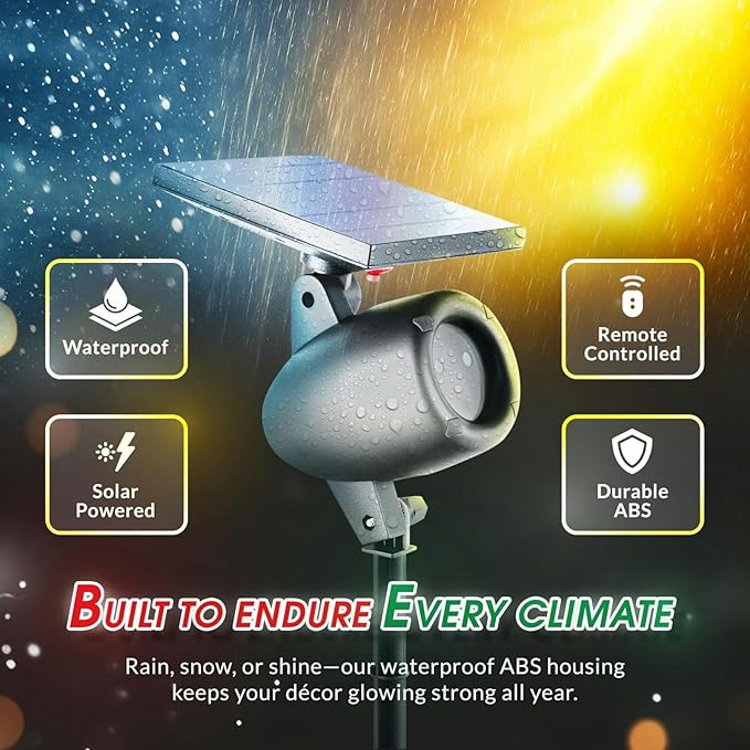 STARTASTIC Solar Wireless Christmas Lights Show Projector, LED Solar Outdoor Christmas Decorations Without Wires for Easy Installation, Auto-On, Remote Control, Waterproof, 5 Modes, for House, Party