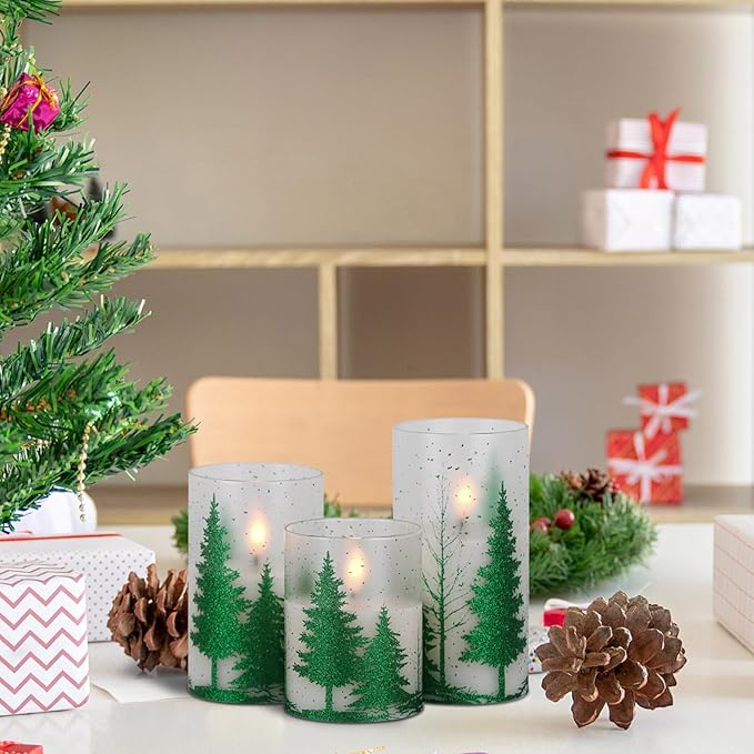 Wondise Glass Flickering Flameless Candles with Remote and Timer, Battery Operated 3D Wick LED Candles Christmas Tree for Christmas Holiday Home Decoration, Set of 3(D3 x H4,5,6 Inch)