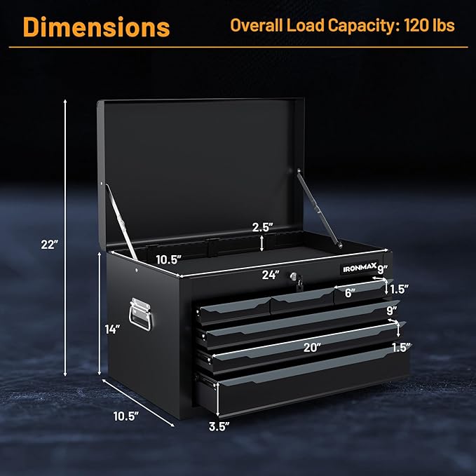 Goplus Tool Box, 24¡± 6-Drawers Steel Tool Chest w/Top Tool Tray,Automatic Lock, Protective Liners, Handle, Smooth Ball Bearing Sides, Portable Tool Storage Organizer, Toolbox for Garage Workshop