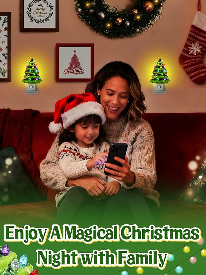 Bigmeta 2 Pack Vintage Christmas Tree Night Light Decor - 360° Rotating Plug Resin Decorations for Home Bedroom Bathroom Christmas Holiday Gifts, Green