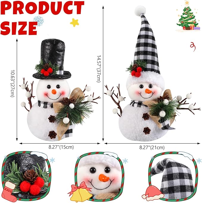 Black and White Plaid Snowman Decor (2-Piece Set) - Winter Christmas Plush Dolls for Tiered Tray, Mantel, or Tabletop Display, Indoor Home Decor