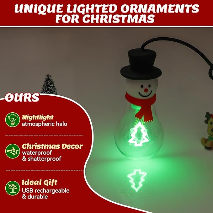 Brightever 4-Pack Hanging Christmas Lights for Christmas Tree Decor, USB Rechargeable Christmas Light Bulbs Portable Decorations with Xmas Elements Filament, Great Gift for Coworkers, Friends