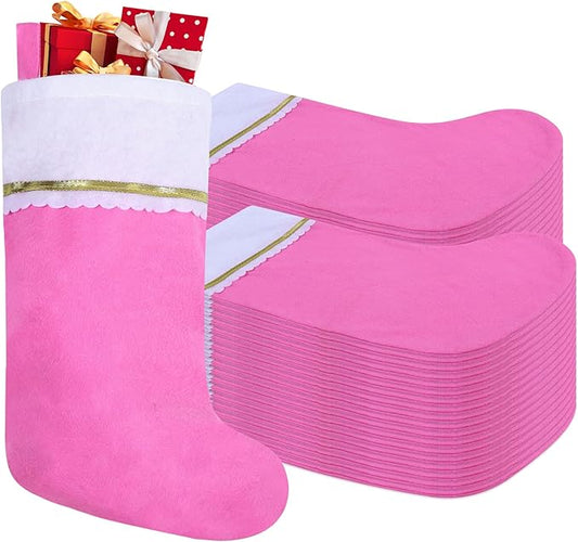 36 Pack Felt Christmas Stockings, 19 Inches Pink and White Christmas Stockings Hanging Ornaments, White Cuff with Gold Trim Christmas Stockings for Family Christmas Holiday Decorations