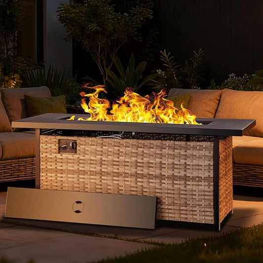 57 inch Propane fire Pit Table with Waterproof Cover & Ratten Side Panel, 50000 BTU Gas Firepit Table with Lid & Lava Rock, Outdoor Fire Pit for Dining or Party, Firepit for Outside, Patio