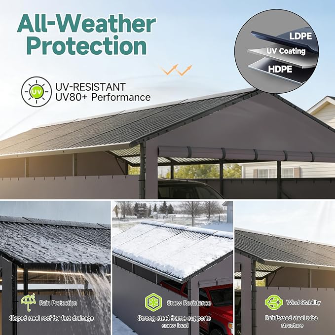 Redlife 11x21 FT Metal Carport, Heavy Duty Steel Frame Garage Shelter with Sloped Metal Roof, 3-Layer 201D Oxford Fabric Sidewalls, UV & Snow Resistant Outdoor Car Canopy for Cars, Trucks & Boats