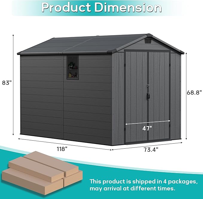 Greesum 6×10FT Plastic Outdoor Storage Shed with Floor, Resin Storaged Sheds with Lockable Double Door, Windows & Vents, All-Weather Tool Sheds for Garden, Backyard, Patio, Dark Gray