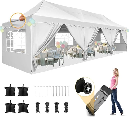 HOTEEL 10x30 Pop Up Canopy with 8 Sidewalls, UV 50+ and Waterproof 10×30 Party Tent, Thickened Frame, Large Space Easy Pop Up Canopy, Outdoor Tent for Weddings, Beaches, Parties, Patio (White)