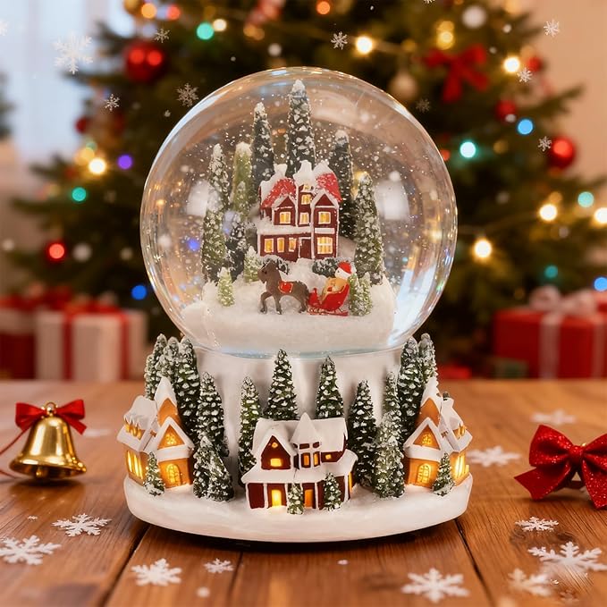 Christmas Village Snow Globe Lantern Musical Lighted Snowy Mountain Village Water Lantern with Swirling Glitter Decoration for Christmas Home, Living Room, Battery Operated