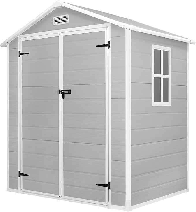 HUGROVE 6×4 Outdoor Storage Shed with Floor, Waterproof & UV-Resistant Resin Garden Shed for Backyard, Weather-Resistant Plastic Tool Shed with Lockable Double Doors, Air Vents & Side Window (Gray)