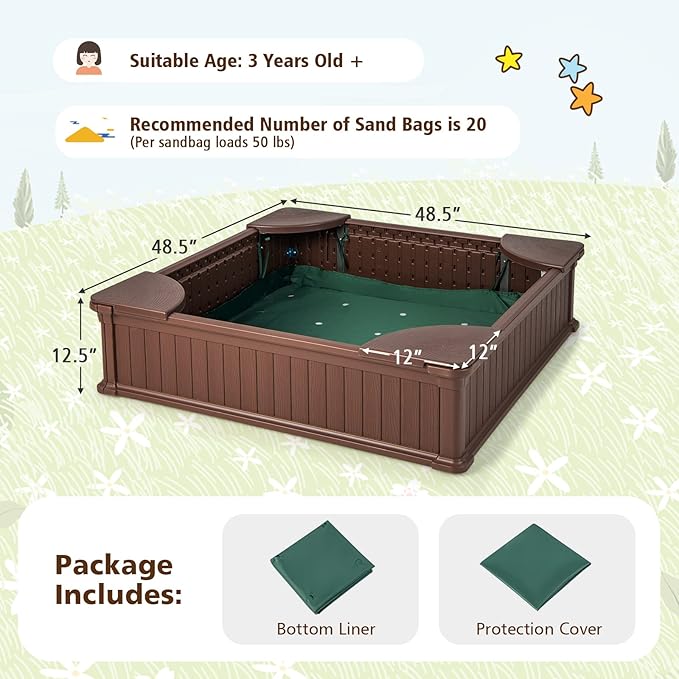 Costzon Kids Sandbox with Cover, 4ft x 4ft HDPE Sandpit with Oxford Cover, Bottom Liner, 4 Corner Seats, Weather Resistant Outdoor Sand Pit for Backyard Lawn Garden Beach (Dark Brown)