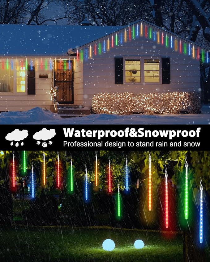 Flacchi Multicolor 20 Tubes Meteor Shower Icicle Light 480 LED Raindrop Lights with Timer Function Cascading Falling Rain Lights for Holiday Party Christmas Decorations