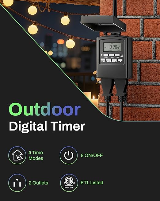 BN-LINK 7 Day Outdoor Heavy Duty Digital Programmable Timer, Outdoor Timer Outlet Waterproof, 2 Grounded Electrical Outlets for Christmas Lights, 15A 1/2HP,ETL Listed