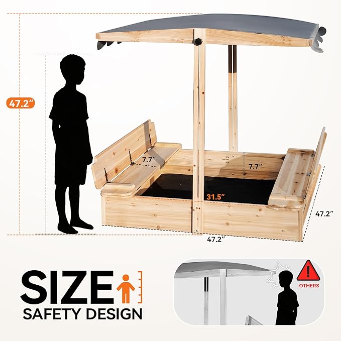 Wooden Sandbox with Lid & Canopy Cover, 48x48 Large Outdoor Sand Box for Kids Ages 4-8, with Foldable Bench Seats, UV-Resistant & Adjustable Height Roof & Bottom Liner