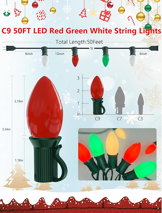 50Ft C9 LED Christmas Lights Outdoor, Vintage Christmas String Light Plug in with 52 Shatterproof C9 Red White Green Bulbs Christmas Decorations Lights for Indoor Christmas Tree Patio Roofline Party