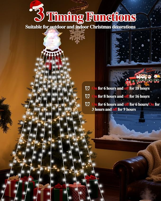 Christmas Decorations Outdoor String Lights - 335 LED 11.48ft 9 Strands Waterfall Tree Lights with Topper, 8 Lighting Modes Christmas Lights Indoor Decorative for Wedding Yard Party Home