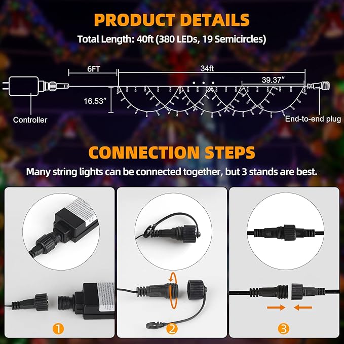 XTF2015 Outdoor Christmas lights Decor 40FT 380 LED Timer Remote Color Changing Christmas Light Extendable 11 Modes, Half Round String Lights for House Roof Eaves Garden Patio(Warm White + Multicolor)
