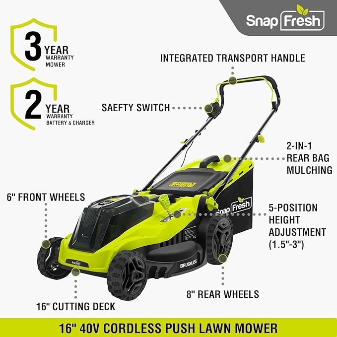 SnapFresh Electric Lawn Mower Cordless - 40V (2 x 20V) 16” Brushless Push Lawn Mowers with 4.0Ah Battery x 2 and Fast Charger Included - Battery Operated Lawn Mower with Bagger