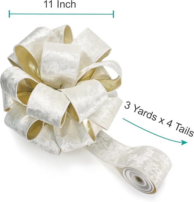 CT CRAFT LLC Ivory Velvet Metallic Backing Christmas Tree Topper Bow 11" with 4 Ribbon Streamers x 3 Yards Long Each for Holidy Elegant Fancy Home Décor Indoor