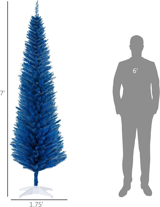HOMCOM 7' Artificial Pencil Christmas Tree, Slim Xmas Tree with 499 Realistic Branch Tips and Plastic Stand, Blue