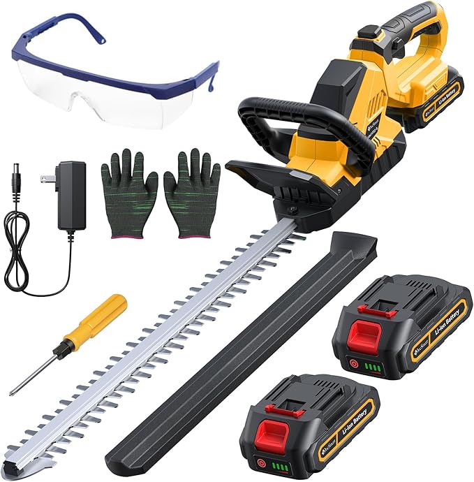 20'' Hedge Trimmer Cordless with Battery, 3000RPM Electric Handheld Bush Clipper with 2pcs 2000mAh Rechargeable Batteries, 180¡Æ Rotatable Head, 2/3'' Blade Gap Yellow