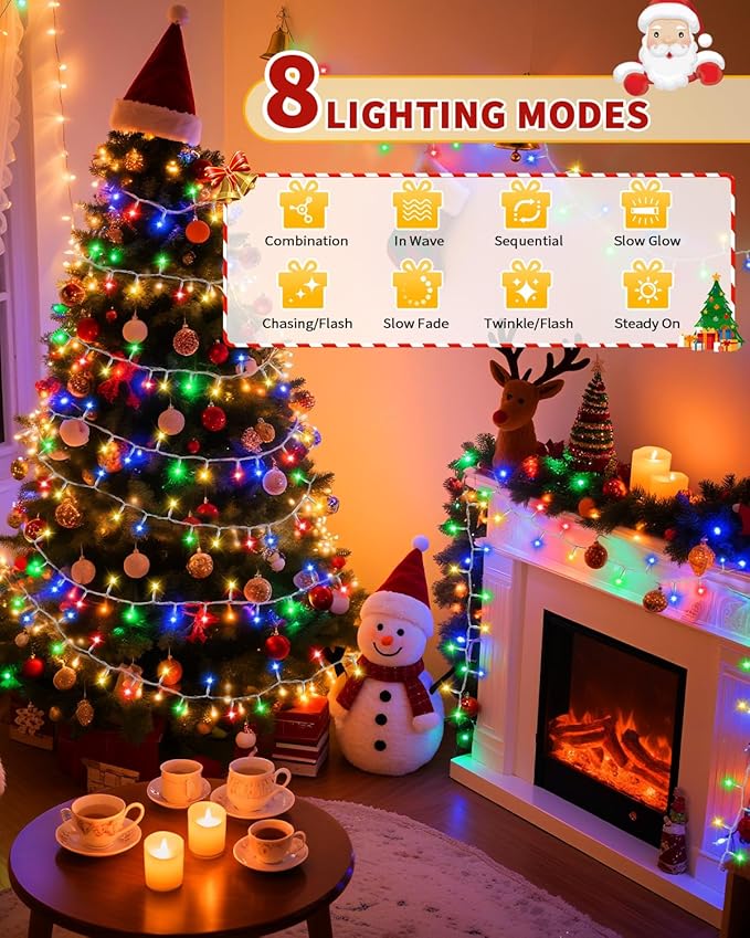 Christmas Lights String Outdoor Indoor, 300 LED 108FT Multicolor Xmas Tree Decorations Lights, Plug in Twinkle Fairy Light with Remote Timer Dimmable for Room Yard Holiday Party Wedding Camping Decor