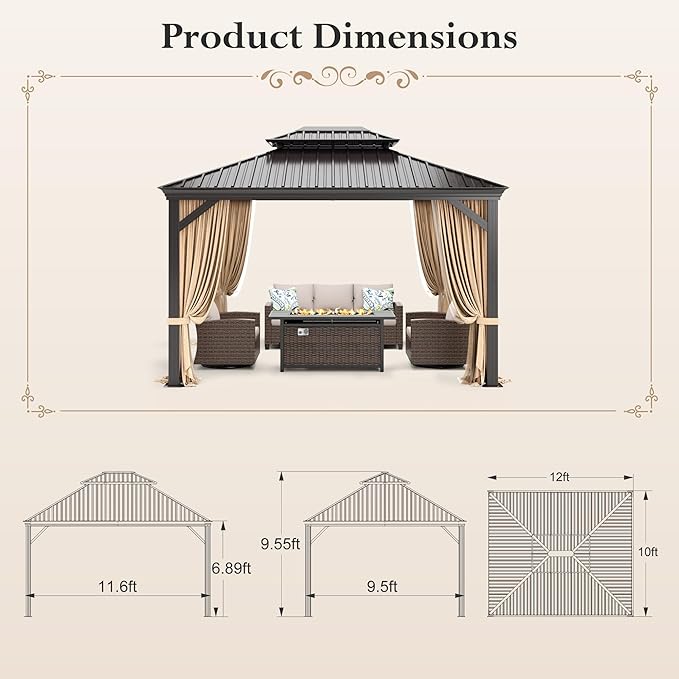 10'x12' Hardtop Aluminum Gazebo, Permanent Outdoor Canopy with Galvanized Steel Double Roof Heavy Duty Pavilion with Curtains and Netting for Garden Patio Lawn Deck