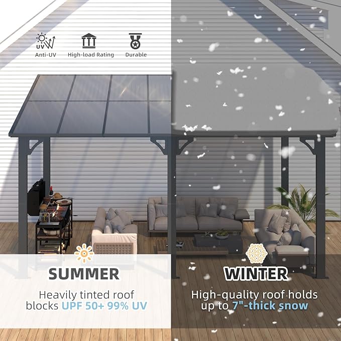 AECOJOY 14' x 8' Gazebo Outdoor Pergola for Patio, Hard Top Lean to 8x14 Gazebo Shelter Pergolas and Gazebos Clearance with Patio Roof, Large Wall-Mounted Heavy Duty Awnings for Patio, Decks, Backyard