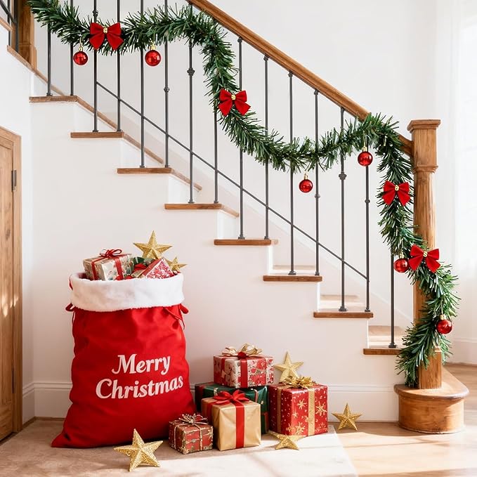 72Feet Christmas Garland, with 36 Red Velvet Bows and 24 Decorative Balls, Non-Lit Greenery Christmas Decoration for Xmas Tree Wreath, Indoor Outdoor Home Mantle Wedding Party