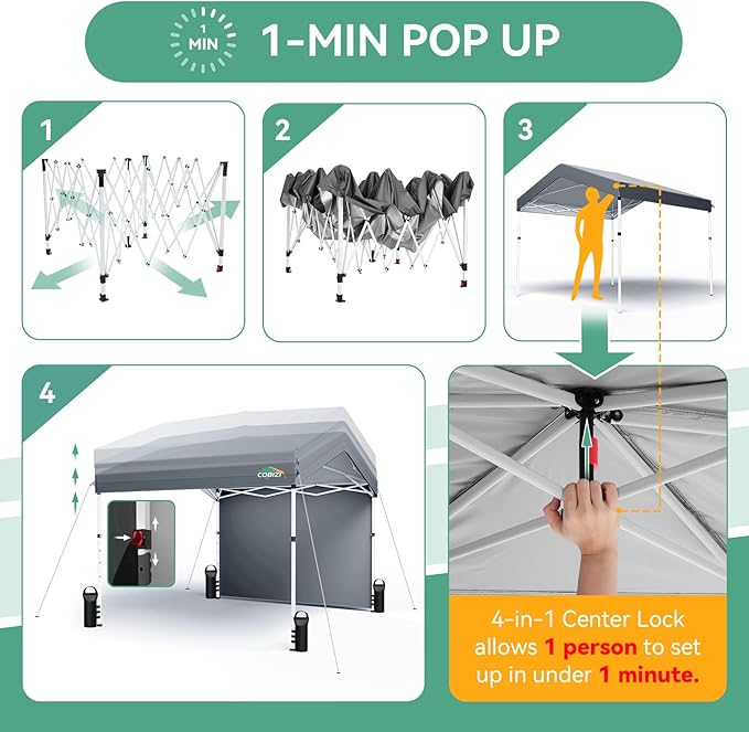 COBIZI 10x10 Pop Up Canopy with One Button Push Center Lock,Ez Up Portable Carport with 1 sidewall,Waterproof UV50+ Outdoor Party Commercial Carport Canopy Gazebos with Carry Bag(10 x 10 ft Gray)