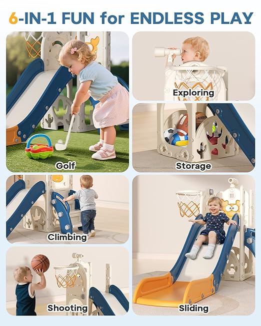 BIERUM Toddler Slide for Kids,6-in-1 Indoor Outdoor Toddler Slides Playground with Basketball Hoop, Golf Game & Telescope, L-Shaped Baby Slide Climber Playset, Blue&Yellow