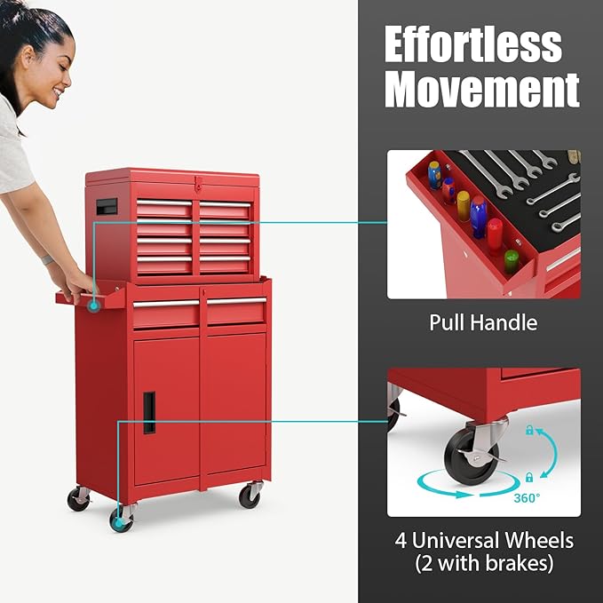 IRONMAX Rolling Tool Chest, 5-Drawer Lockable Tool Cabinet w/Adjustable Shelf & 4 Universal Wheels, 2 in 1 Detachable Tool Box Storage Organizer for Garage Workshop Repair Shop, Red
