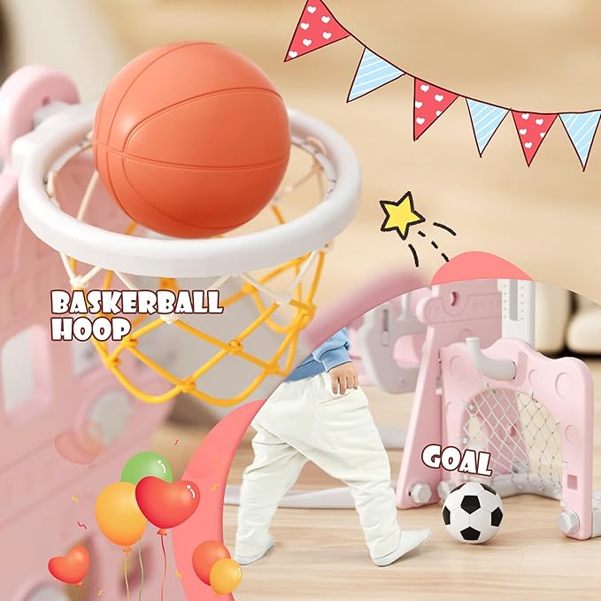 KORIMEFA 5-in-1 Kids Slide and Swing Set, Toddler Slide with Basketball Hoop, Swing, Outdoor Indoor Playground for Toddlers 1-3 (5 in1-Pink)