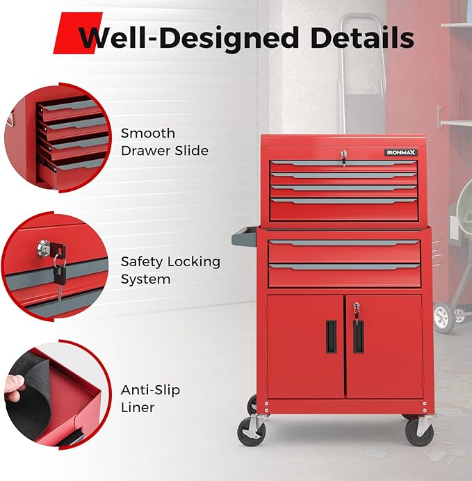Goplus Tool Chest, 6 Drawers Extra Large Rolling Too Storage Cabinet with 4¡± Universal Lockable Wheels, Auto Lock, Protective Liner, 2-in-1 Heavy Duty Tool Box for Garage, Workshop