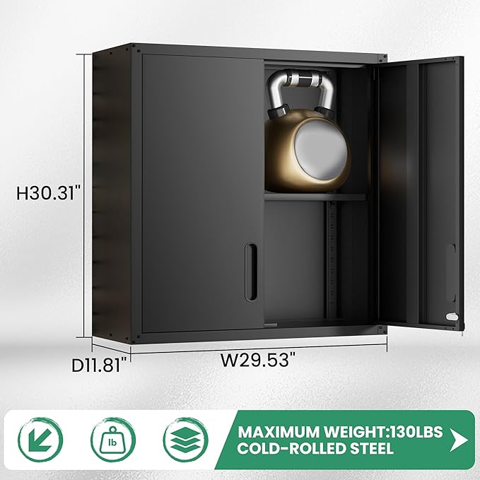 Garage Wall Cabinet,29.5 W Wall Mounted Garage Cabinets with Adjustable Shelf,Heavy Duty Lockable Metal Cabinet,Secure Hanging Tool Cabinet for Basement,Laundry Room,Basement,Workshop,Black