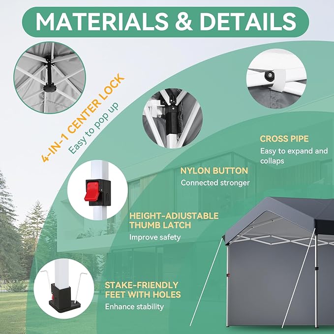 COBIZI 10x20 Pop Up Canopy with One Button Push Center Lock,Ez Up Portable Carport with 2 sidewalls,Waterproof UV50+ Outdoor Party Commercial Carport Canopy Gazebos with Carry Bag(10 x 20 ft Gray)