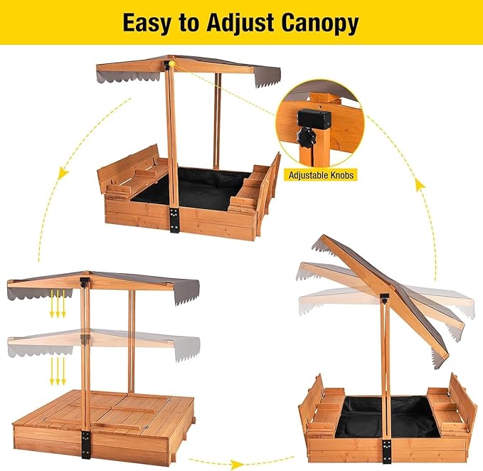 Aivituvin Kids Sand Boxes with Canopy Sandboxes with Covers Foldable Bench Seats, Children Outdoor Wooden Playset - Upgrade Retractable Roof (47x47Inch)