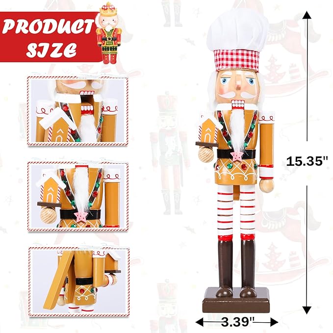 Christmas Nutcracker Decoration - 15 Inch Wooden Gingerbread House Soldier Figure for Table Desktop Home Christmas Decor Xmas Indoor Decor Cook