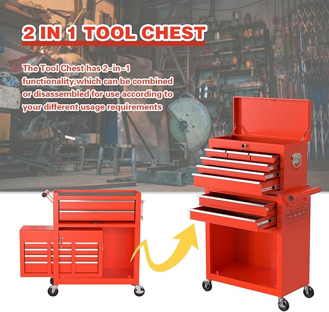 8-Drawer Rolling Tool Chest, High Capacity Removable Tool Storage Cabinet, Detachable Toolbox with Lock for Garage Warehouse and Tool Room (Red)